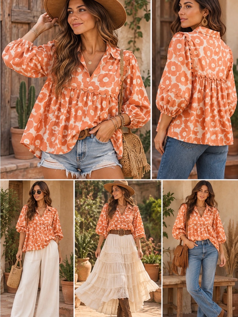 Sage + Fig Bold Floral Popover Top in Marmalade Sz M | NIB